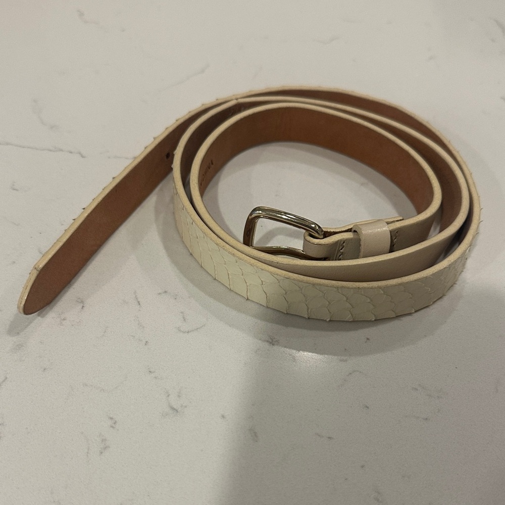 Club Monaco Narrow Tan Leather Belt with Debossed Logo - Genuine Snake Skin